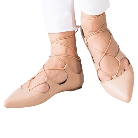 Loeffler Randall Ambra Nude Lace-Up Ankle Wrap Leather Ballet Flats - 8 - Picture 2 of 16